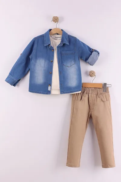 Camel (2-5 Yaş)Kot Gömlekli Tişörtlü Gabardin Pantolonlu Erkek Çocuk 3'lü Takım 434391