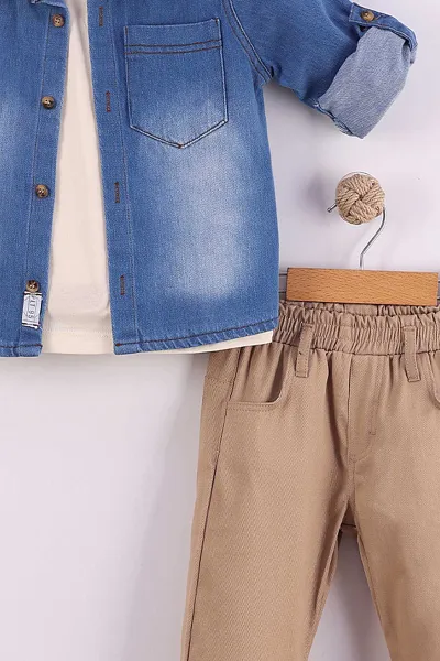 Camel (2-5 Yaş)Kot Gömlekli Tişörtlü Gabardin Pantolonlu Erkek Çocuk 3'lü Takım 434391