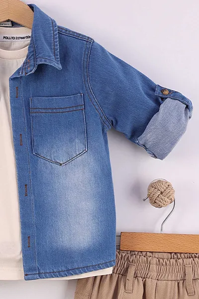 Camel (2-5 Yaş)Kot Gömlekli Tişörtlü Gabardin Pantolonlu Erkek Çocuk 3'lü Takım 434391