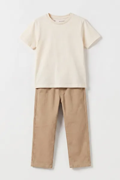 Camel (3-10 Yaş)Kot Gömlekli Tişörtlü Gabardin Pantolonlu Erkek Çocuk 3'lü Takım 478442
