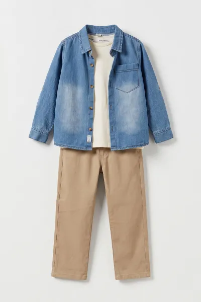 Camel (3-10 Yaş)Kot Gömlekli Tişörtlü Gabardin Pantolonlu Erkek Çocuk 3'lü Takım 478442