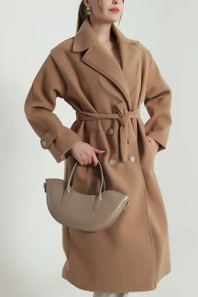 Camel Çift Düğmeli Kadın Uzun Kaşe Kaban 489240