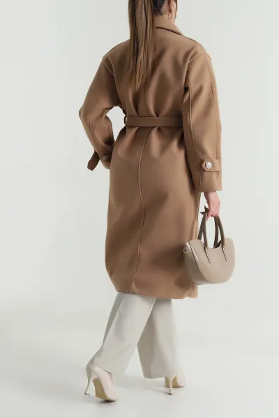 Camel Çift Düğmeli Kadın Uzun Kaşe Kaban 489240