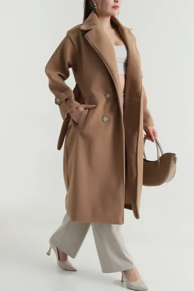Camel Çift Düğmeli Kadın Uzun Kaşe Kaban 489240