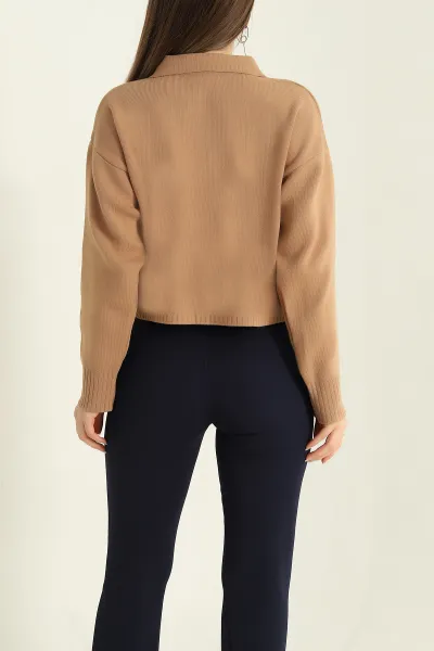 Camel Düğmeli Polo Yaka Bayan Triko Kazak 331821