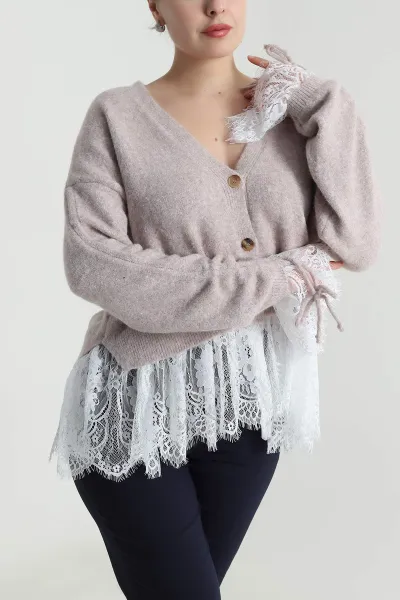 Camel Eteği Dantelli Kadın Triko Üst 493889