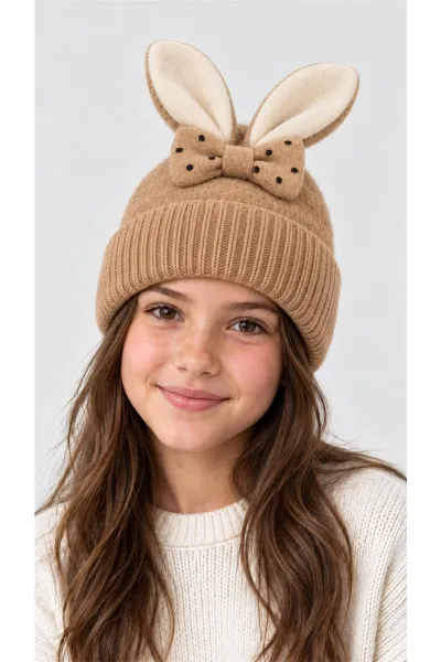 Camel İçi Polarlı Tavşan Kulaklıklı Teddy Kumaş Peluş Bere 5-12 Yaş 498833