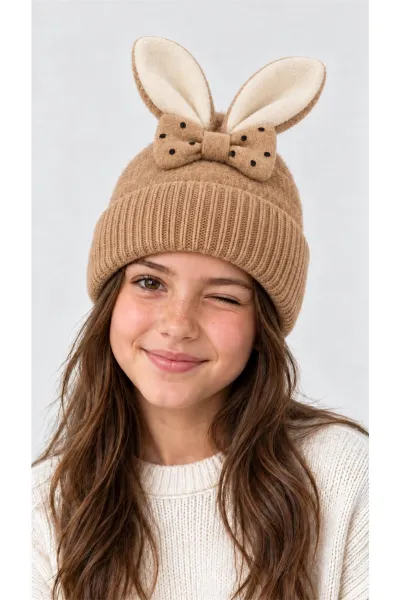 Camel İçi Polarlı Tavşan Kulaklıklı Teddy Kumaş Peluş Bere 5-12 Yaş 498833