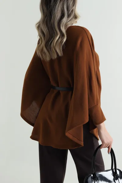 Camel Kemerli Kadın Triko Pelerin 496255
