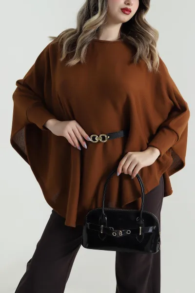 Camel Kemerli Kadın Triko Pelerin 496255