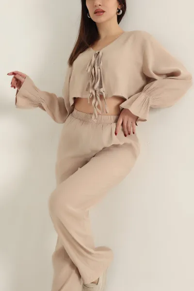 Camel Pantolon Bluz Tensel Bayan İkili Takım 337611