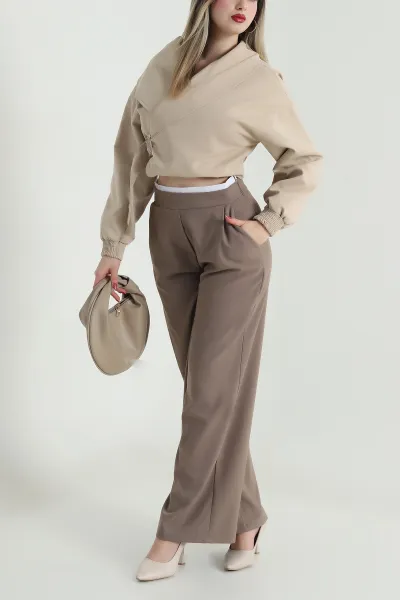 Camel Pileli Cepli Poliviskon Kadın Pantolon 494009
