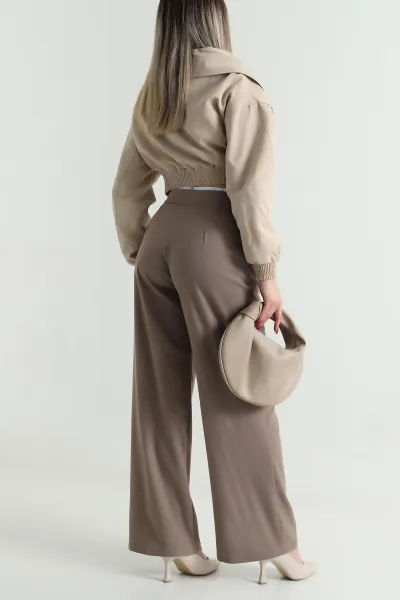 Camel Pileli Cepli Poliviskon Kadın Pantolon 494009