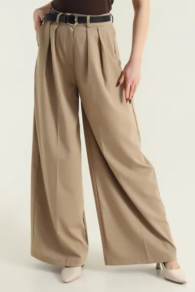 Camel Pileli Palazzo Poliviskon Kadın Pantolon 429791