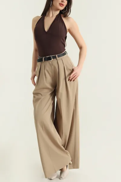 Camel Pileli Palazzo Poliviskon Kadın Pantolon 429791