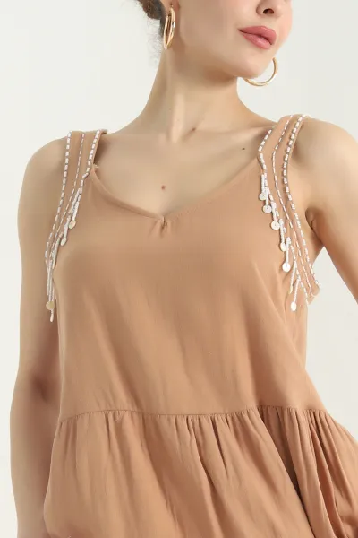 Camel Taş İşlemeli Müslin Kadın Elbise 345854
