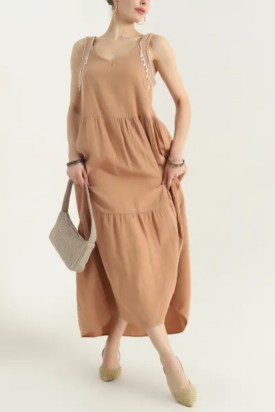 Camel Taş İşlemeli Müslin Kadın Elbise 345854