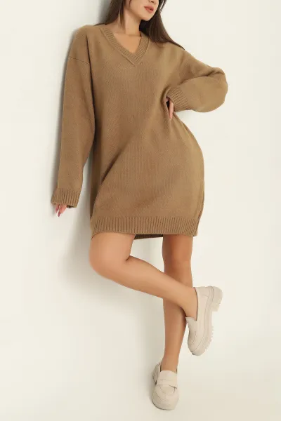 Camel Triko V Yaka Espirili Elbise 305356