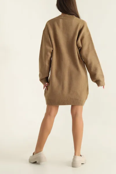 Camel Triko V Yaka Espirili Elbise 305356