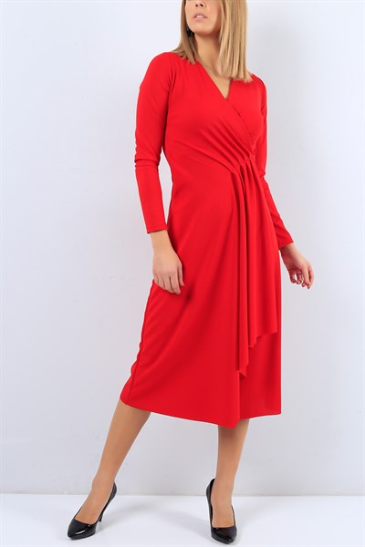 Çapraz Volanlı Kırmızı Elbise 20840B