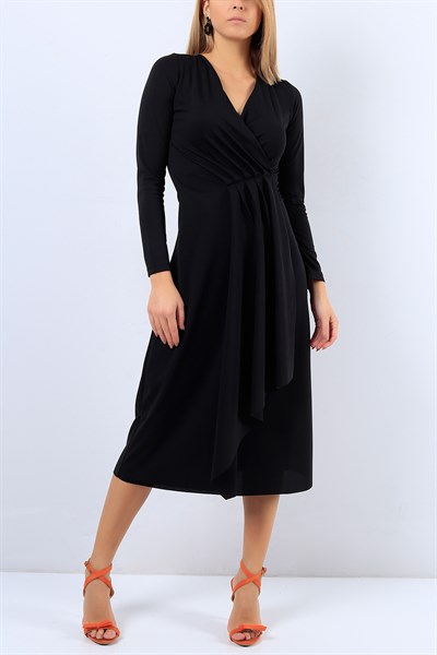 Çapraz Volanlı Siyah Elbise 20839B