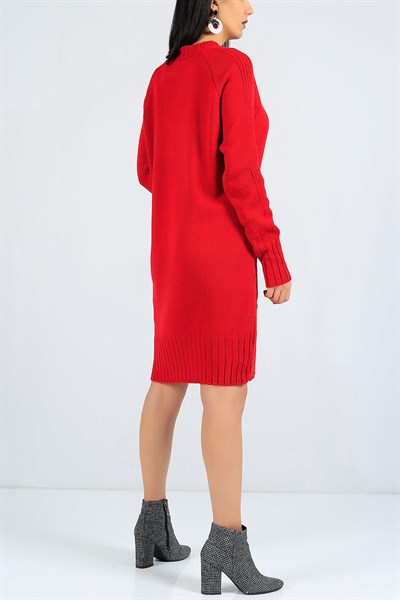 Cep Detay Kırmızı Triko Elbise 23437B