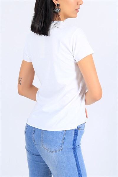 Cep Detay Likralı Beyaz Bayan Tişört 25134B