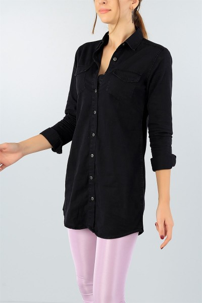 Cep Detay Siyah Kot Gömlek Tunik 44211