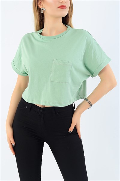 Cep Detay Su Yeşili Crop Tişört 34293