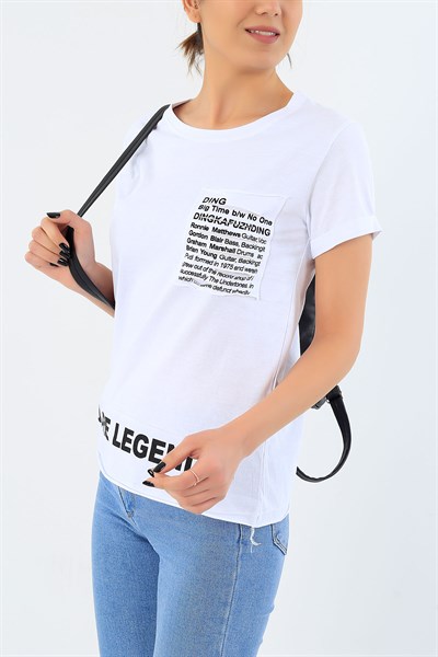 Cepli Baskılı Beyaz Bayan Tişört 30398