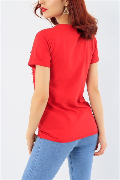 Cepli Baskılı Kırmızı Bayan Tişört 30401