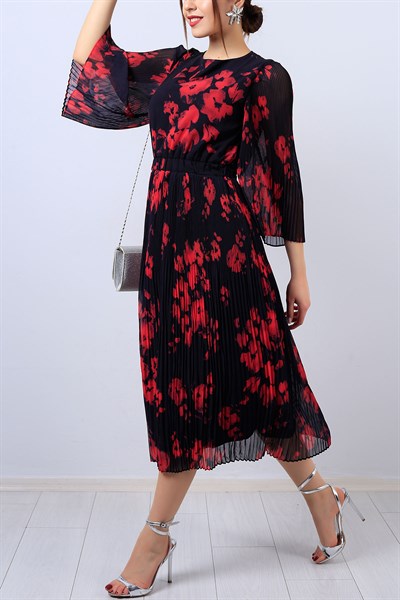 Çiçek Desen Pileli Elbise 5189B