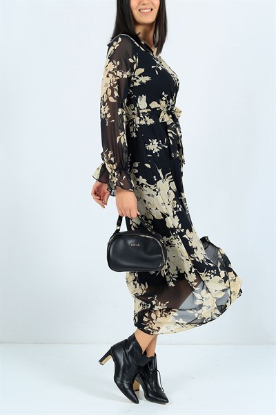 Çiçek Desenli Astarlı Siyah Şifon Elbise 23999B