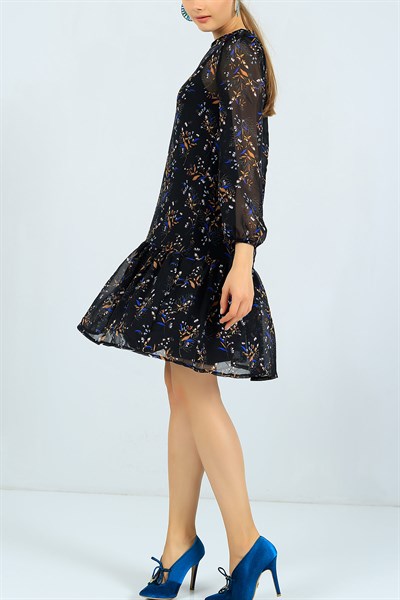 Çiçek Desenli Astarlı Siyah Şifon Elbise 24518B
