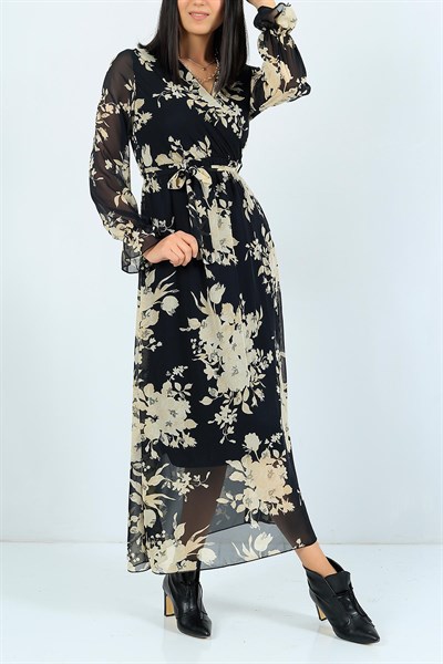Çiçek Desenli Astarlı Siyah Şifon Elbise 23999B