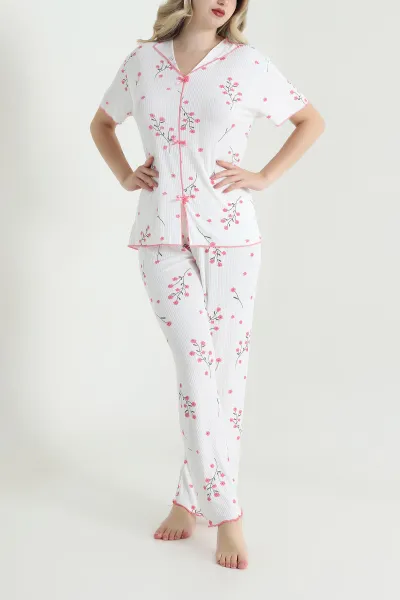 Çiçek Desenli Fiyonklu Kaşkorse Kadın Pijama Takımı 466663
