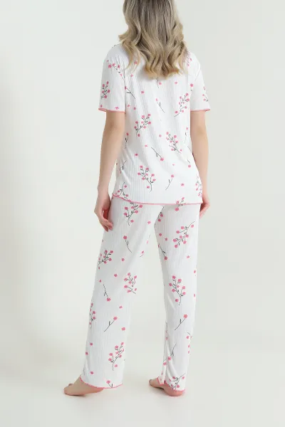 Çiçek Desenli Fiyonklu Kaşkorse Kadın Pijama Takımı 466663