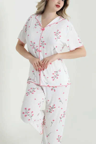 Çiçek Desenli Fiyonklu Kaşkorse Kadın Pijama Takımı 466663