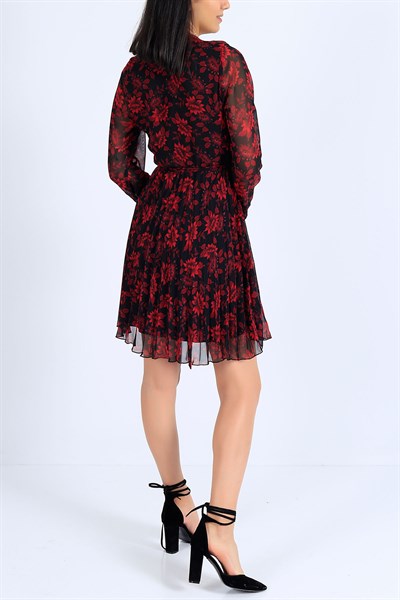 Çiçek Desenli Kırmızı Midi Şifon Elbise 25610B