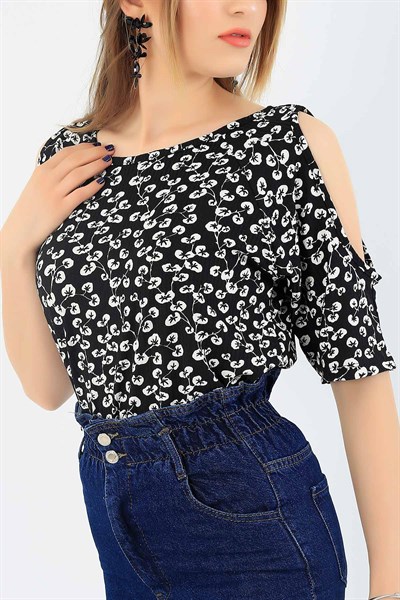 Çiçek Desenli Likralı Siyah Bluz 37821
