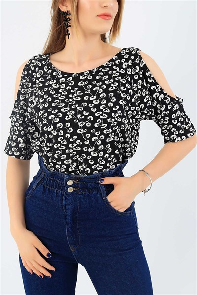 Çiçek Desenli Likralı Siyah Bluz 37821