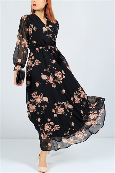 Çiçek Desenli Siyah Şifon Elbise 23493B