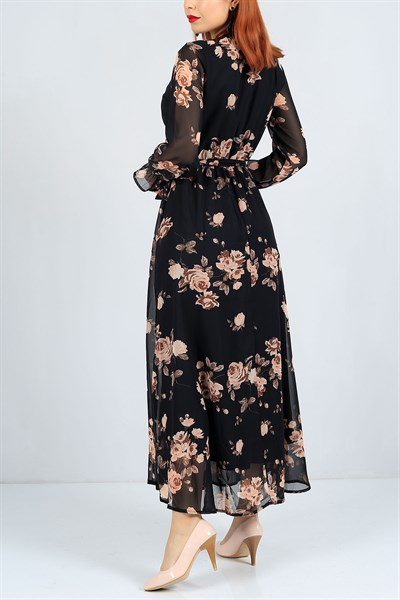 Çiçek Desenli Siyah Şifon Elbise 23493B