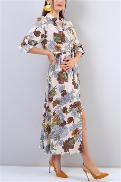Çiçek Desenli Uzun Kollu Bej Elbise 16779B