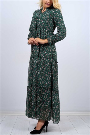 Çiçek Desenli Yeşil Bayan Şifon Elbise 9558B