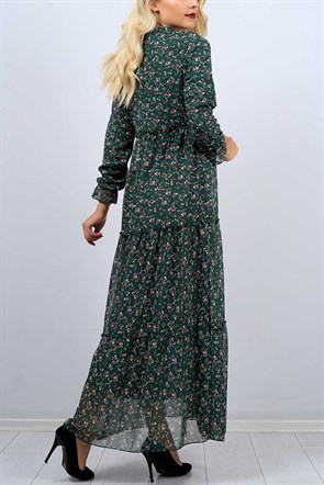 Çiçek Desenli Yeşil Bayan Şifon Elbise 9558B