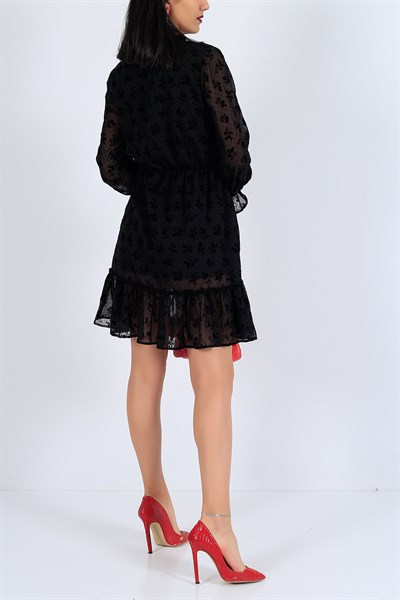 Çiçek Flok Baskılı Siyah Şifon Elbise 26208B