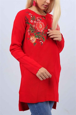 Çiçek Nakışlı Kırmızı Bayann Uzun Kazak 10754B