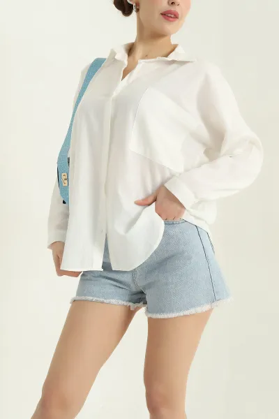 Çift Cep Oversize Keten Bayan Gömlek 336982