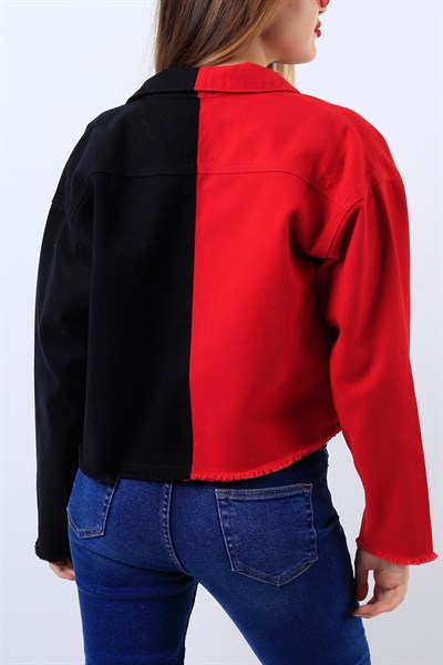 Çift Renkli Baskılı Kırmızı Bayan Kot Ceket 19908B